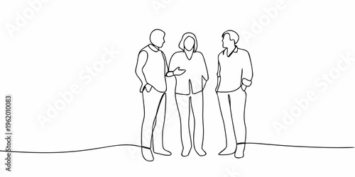 Continuous line drawing of three people standing and conversing together