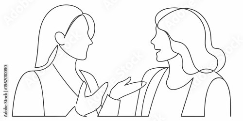 Two women facing each other in a continuous line drawing style