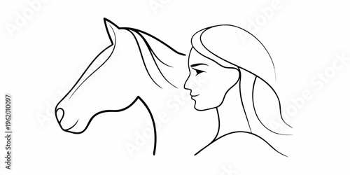 Elegant line drawing depicts a woman s face and a horse s head