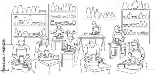 pottery workshop, ceramic production, people working