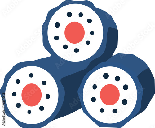 Vector sushi rolls with red centers and black dots and blue background