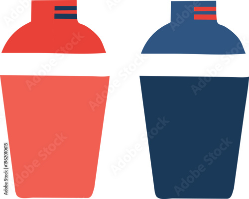 Vector illustration of red and blue cocktail shakers for mixology and barware concepts
