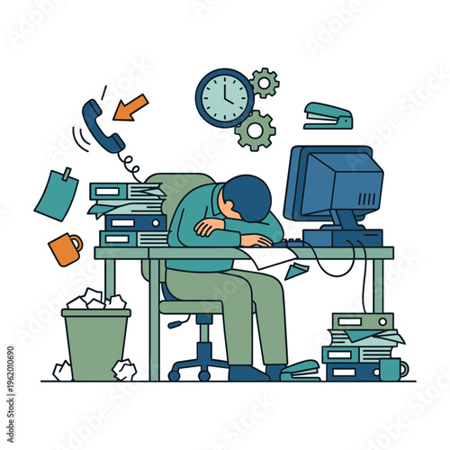 Overwhelmed office worker sleeping at cluttered desk with papers and office supplies