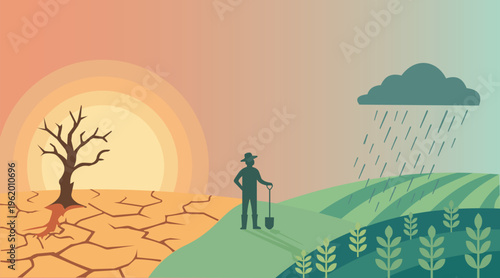 Vector Illustration Representing the Contrast Between Extreme Drought and Fertile Farming Conditions Symbolizing the Global Climate Crisis and Environmental Sustainability