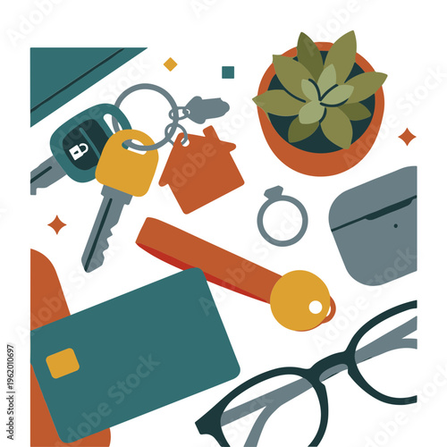 A collection of household items and personal belongings are scattered on a surface.