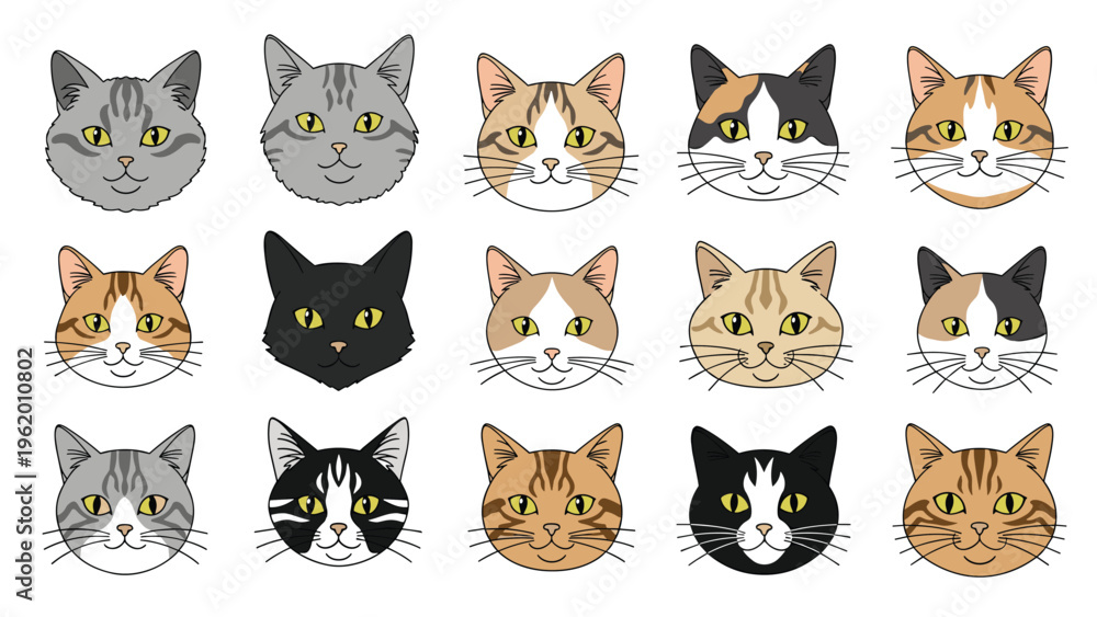 Obraz premium Grid of fifteen unique domestic cat face illustrations showing a variety of breeds and coat colors on a white background.