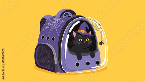 Cute black cat wearing a purple witch hat inside a matching halloween pet carrier backpack with spider web and spider art.