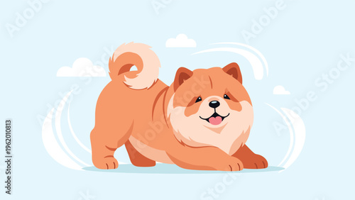 Fluffy orange chow chow dog in a playful low pose with decorative clouds and wind swirls on a soft blue background design.