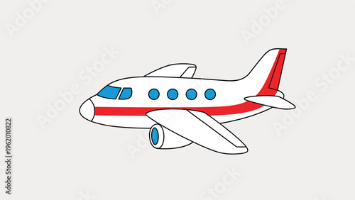 Simple cartoon airplane with a white body and red stripe flying through the sky, set against a plain light gray background.