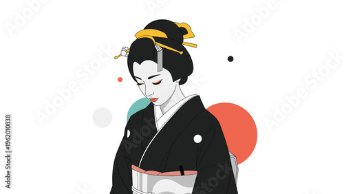 Traditional japanese woman in a black kimono and formal hairstyle looking down against a white background with red circles.