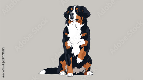Majestic bernese mountain dog sitting and looking to the side, detailed digital illustration on a neutral gray background.