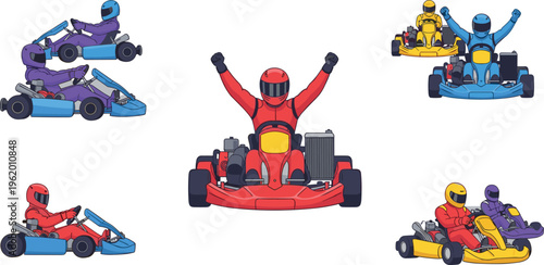 Go kart racing drivers set with winning poses and colorful karts, motorsport competition collection for sport design, racing illustration and dynamic vector artwork