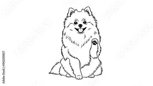 Cute Pomeranian dog line art illustration showing the fluffy pet sitting and waving its paw with a happy smile.