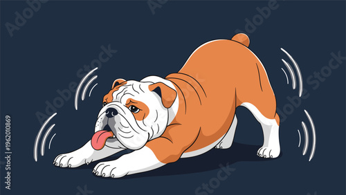 Playful English Bulldog cartoon illustration showing the dog stretching its body with a happy expression and tongue out.