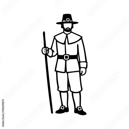 Logotipo con dibujo sencillo con líneas de un hombre peregrino histórico con sombrero y bastón, para el Día de Acción de Gracias 