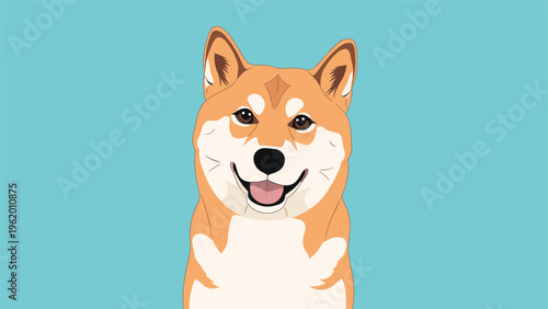 Cheerful Shiba Inu dog face illustration with a smiling expression and tongue out against a solid blue background.
