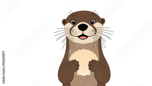 Charming sea otter illustration showing the aquatic mammal holding a cream-colored seashell with a friendly smile.