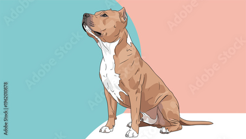Strong Pitbull dog illustration showing the muscular breed sitting attentively against a colorful geometric background.
