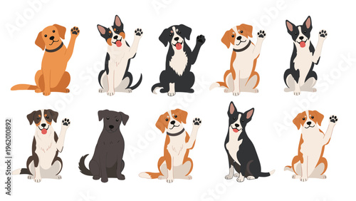 Group of diverse dog breed illustrations showing various canine friends sitting and waving a paw in a friendly greeting.
