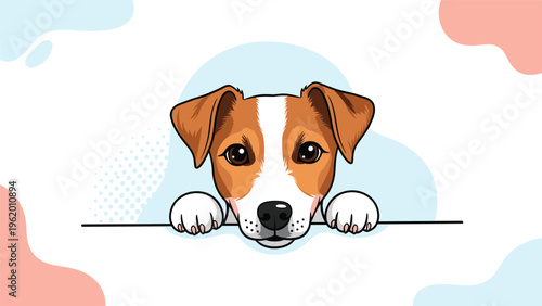 Curious Jack Russell Terrier dog illustration peeking over a white edge with its paws resting on the border.