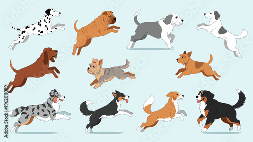 Dynamic set of diverse dog breed illustrations showing various canine friends running and jumping in a playful group.
