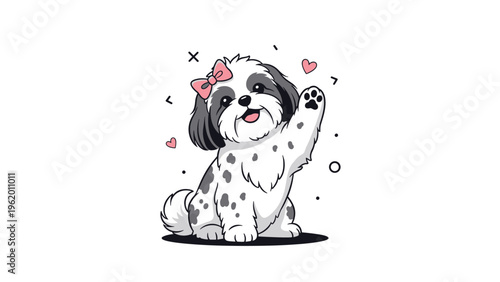 Adorable white and black spotted dog illustration featuring a pink bow, waving paw, and floating pink hearts.