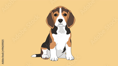 Front view of a cute beagle puppy sitting against a solid pale yellow background in a clean vector art style.