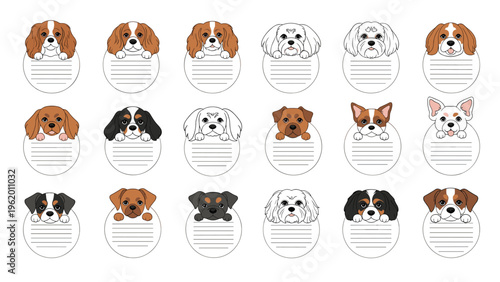 Set of fifteen dog face illustrations inside circular frames with horizontal lines for notes or custom text.