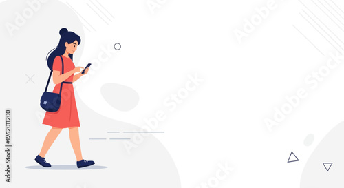Woman walking while using smartphone, modern flat illustration, copy space