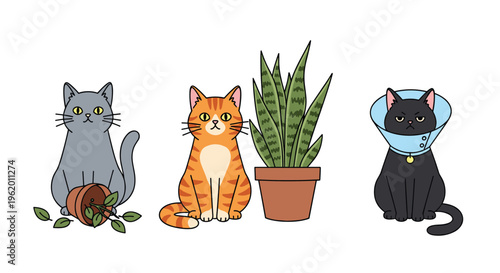 Naughty and grumpy cats vector set with pet characters messy plants and veterinary cone collar in flat cartoon style