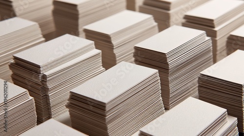 Stacks of blank white business cards ready for professional branding and custom design projects in a clean studio setting.
