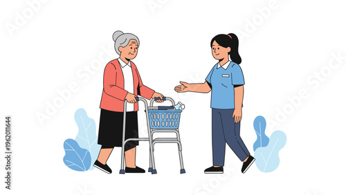 Compassionate young caregiver in blue uniform assisting an elderly woman using a walker, showing support and home care.
