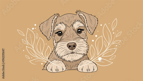 Beautiful portrait of a schnauzer puppy with expressive eyes, framed by delicate white leaves on a tan background.
