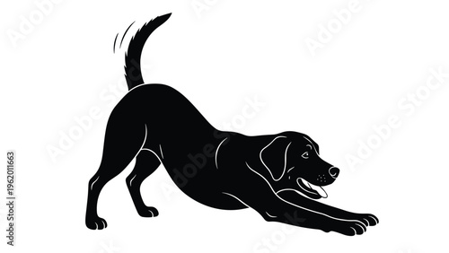 Solid black silhouette of a happy dog in a playful bow position with its tail wagging on a white background.