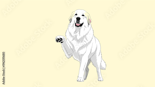 Large white great pyrenees dog standing and raising its paw in a friendly greeting against a soft yellow background.