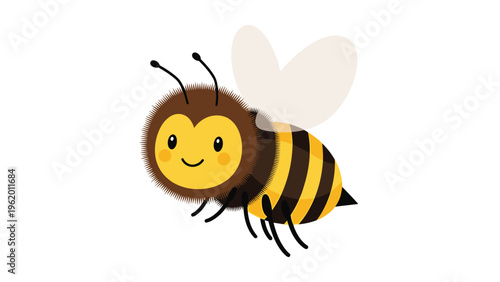 Adorable cartoon bumblebee flying with a happy smile and friendly expression, featuring a fluffy body and translucent wings.