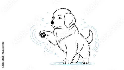 Golden retriever puppy dog outline drawing waving its paw with decorative stars and circular elements on a white background.