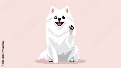 White american eskimo or samoyed dog waving its paw with a happy smile on a soft pink background in a cute vector style.