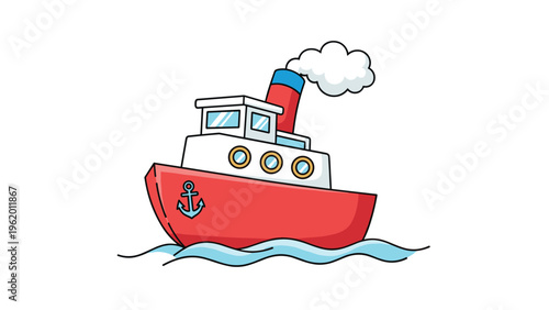 Red and white tugboat or steamship sailing on blue ocean waves with white smoke coming out of its funnel in a cartoon style.