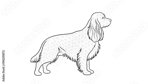 Spaniel or setter dog standing in profile as an outline drawing filled with intricate geometric triangle patterns.