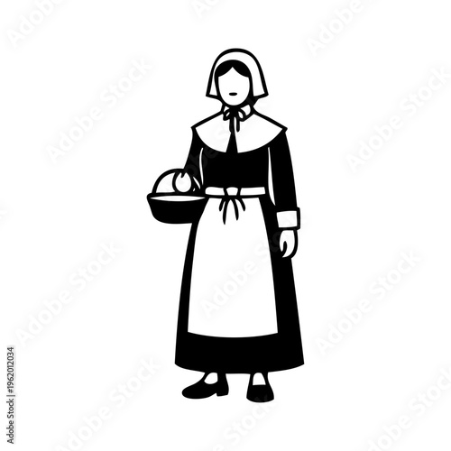 Logotipo con dibujo sencillo con líneas de una mujer con ropa de peregrino histórico, para el Día de Acción de Gracias