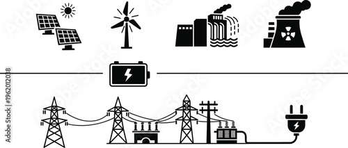  Hydroelectric energy generation and infrastructure, renewable sources, solar and wind, traditional power plants and electrical grid components. 