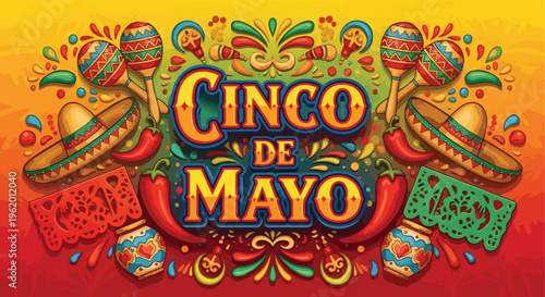 Cinco de mayo festival typography with mexican icons: sombreros, chili peppers, maracas, and papel picado - celebration, chili pepper