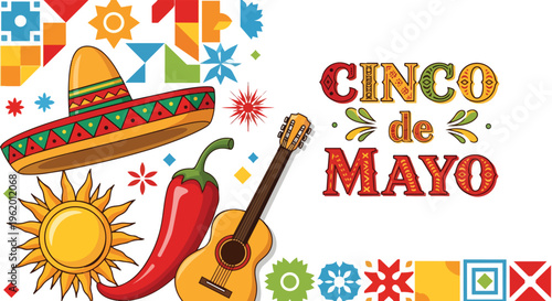 Cinco de mayo fiesta elements: sombrero, guitar, sun, chili pepper, and geometric patterns - festive cultural design