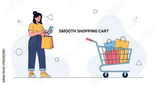 Woman Using Smartphone Near Shopping Cart Full of Bags, Online Shopping Concept