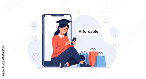 Student using phone with shopping bags, affordable online education concept