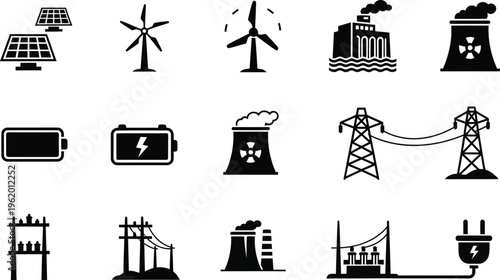 Hydroelectric energy generation and infrastructure, renewable sources, solar and wind, traditional power plants and electrical grid components. 