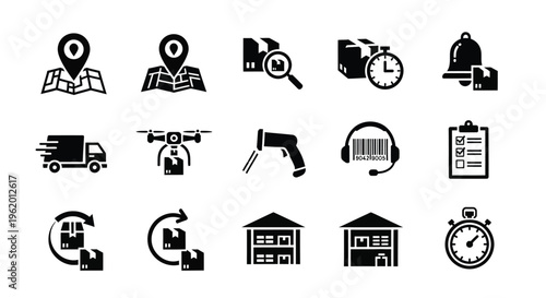 Collection of logistics and delivery icons including maps trucks drones and packages on white background