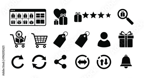 E commerce icons set including shopping cart gift rating and user interface elements on white background