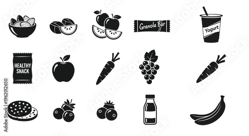 Healthy snack icons including fruits vegetables and nutritious food items for wellness and diet